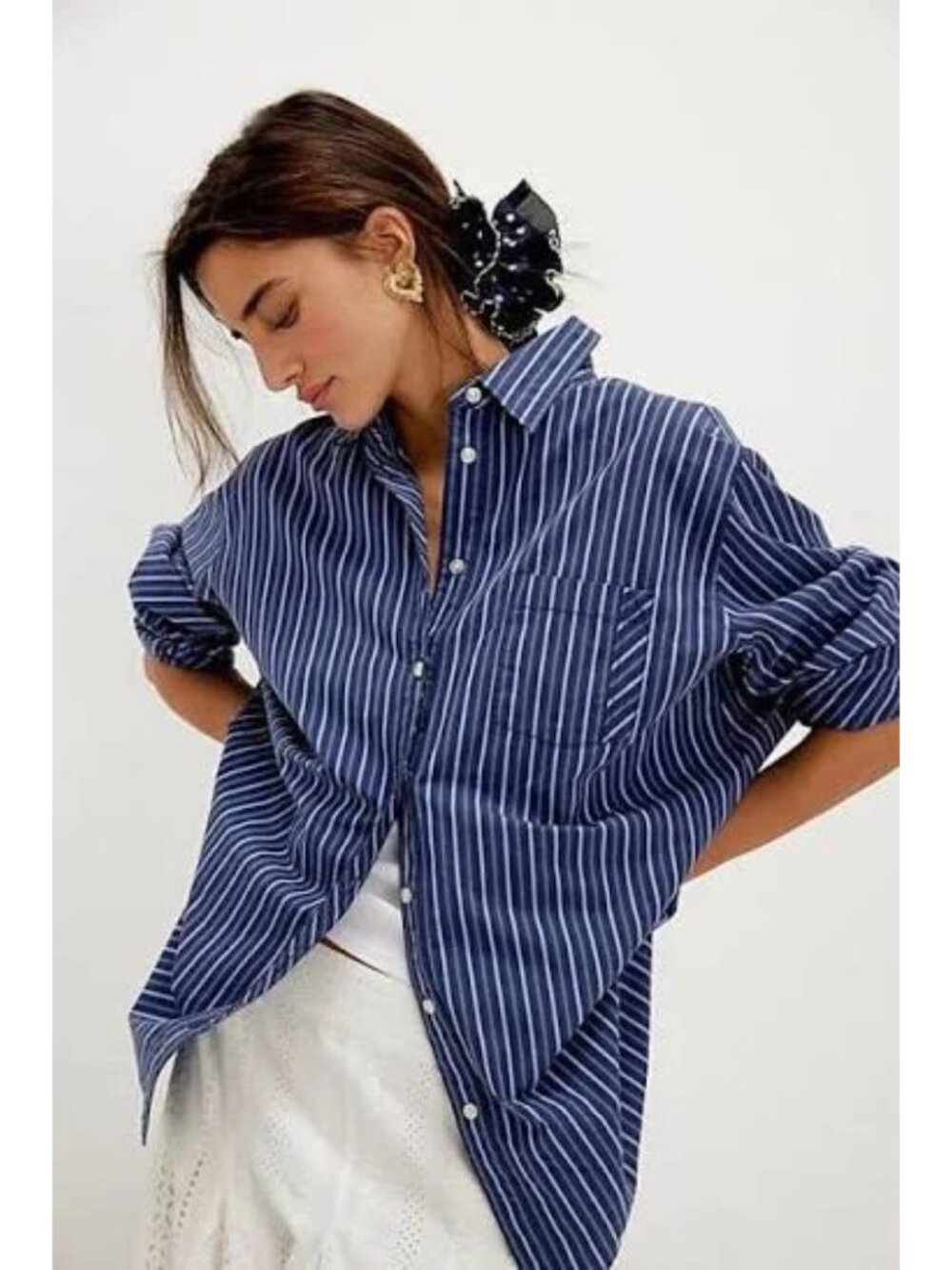 FREE PEOPLE Blue Sabine Striped Articulated Shirt Size L